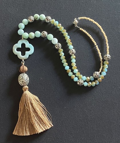 Amazonite Fleur De Lis Y Lariat Brown Tassel Amazonite necklace. - 第 1/12 張圖片