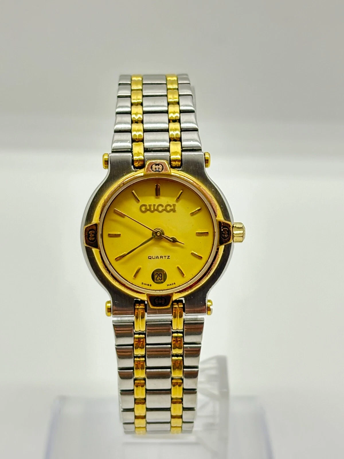 [Exc+5] GUCCI 9000L ARGENT DATE or or VINTAGE SUISSE made occasion fonctionne