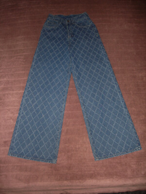 NEU Damen Gr.XS/34 Trend Blogger Style High Waist Hose Jeans Rauten Muster Blau