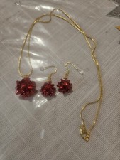 Handmade Christmas Bow Red Necklace And Earrings Gold Plated Stainless Steel