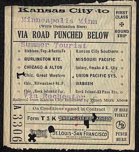 1918 St. Louis San Francisco Railway Ticket Kansas City to Minneapolis #3306