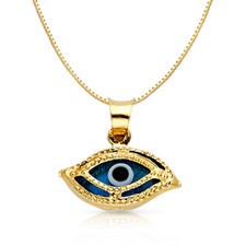 14K Yellow Gold Evil Eye Charm Pendant with 0.8mm Box Chain Necklace