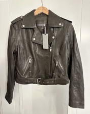 Rrp £299 Mint Velvet Grey Leather Biker Jacket Size Small