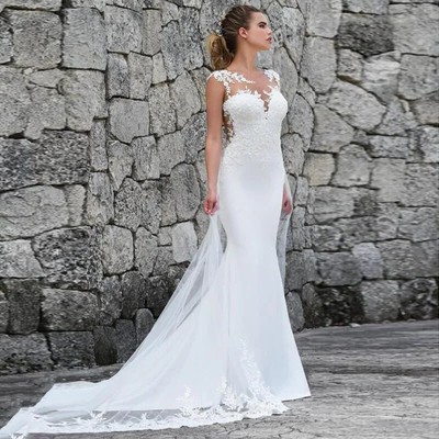 Mermaid Wedding Dresses See Through Back Sleeveless Lace Appliques Sweep  Train | eBay