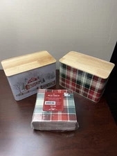 (2) Decorative Tin Boxes With Wooden Lids & (1) package of  Coordinating Napkins