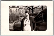 Vtg B&W Snapshot Woman in Glasses & Cardigan By Classic Car 1940s