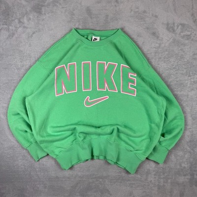 Vintage Nike Green Pink Spellout Swoosh Oversized Size Small Pullover Sweatshirt