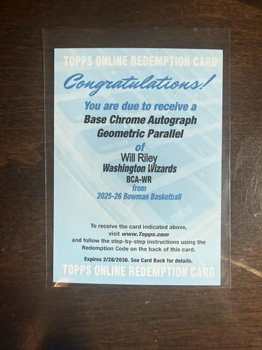 WILL RILEY 2025-26 BOWMAN CHROME #BCA-WR AUTO GEOMETRIC REFRACTOR RC