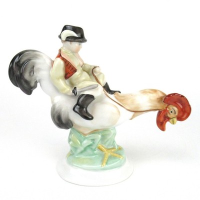 Herend Porzellan Figur Junge reitet Hahn Boy Riding Rooster Handbemalt Hungary