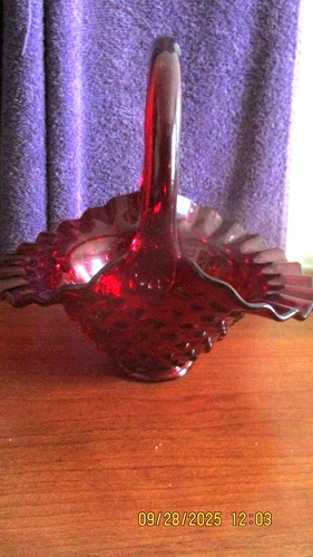 Vintage FENTON RUBY RED GLASS HOBNAIL FLUTED BASKET