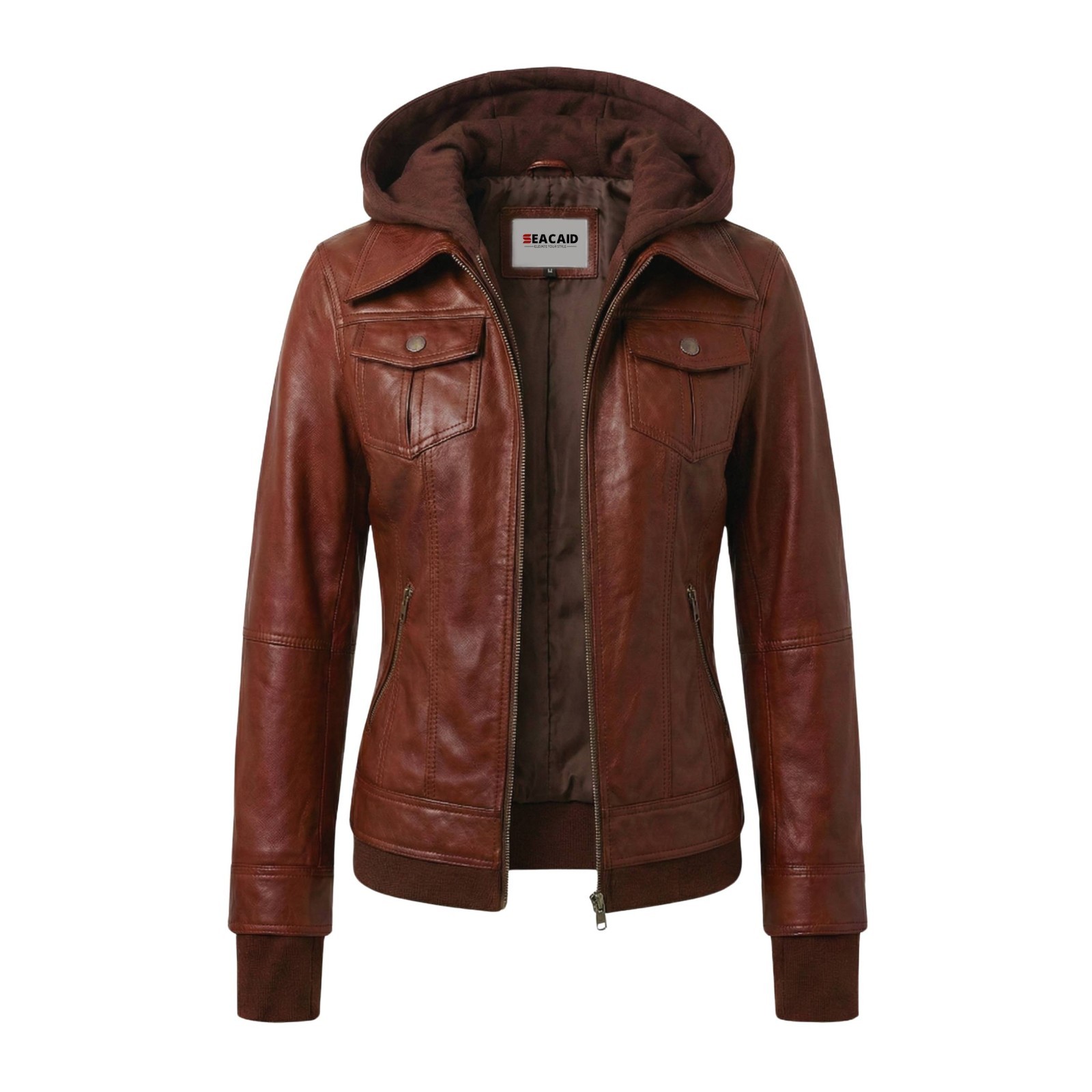 Women's Real Leather Brown Motorcycle Jacket With Removable Hood