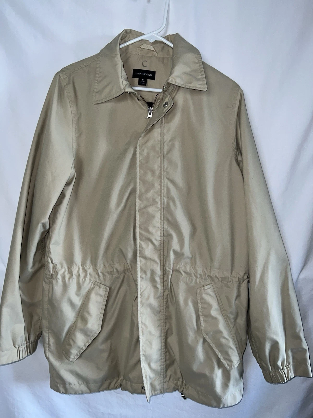 Lands End Men’s Big & Tall Beige Khaki Zip-Up Windbreaker Raincoat Jacket Size S