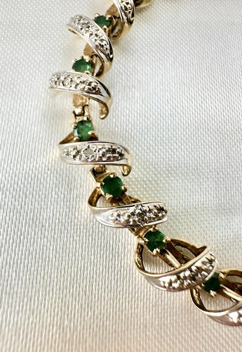Spiral Link 10K Gold India Emerald Bracelet 7.3" 11.21g 22 Stones, Estate - Picture 6 of 9