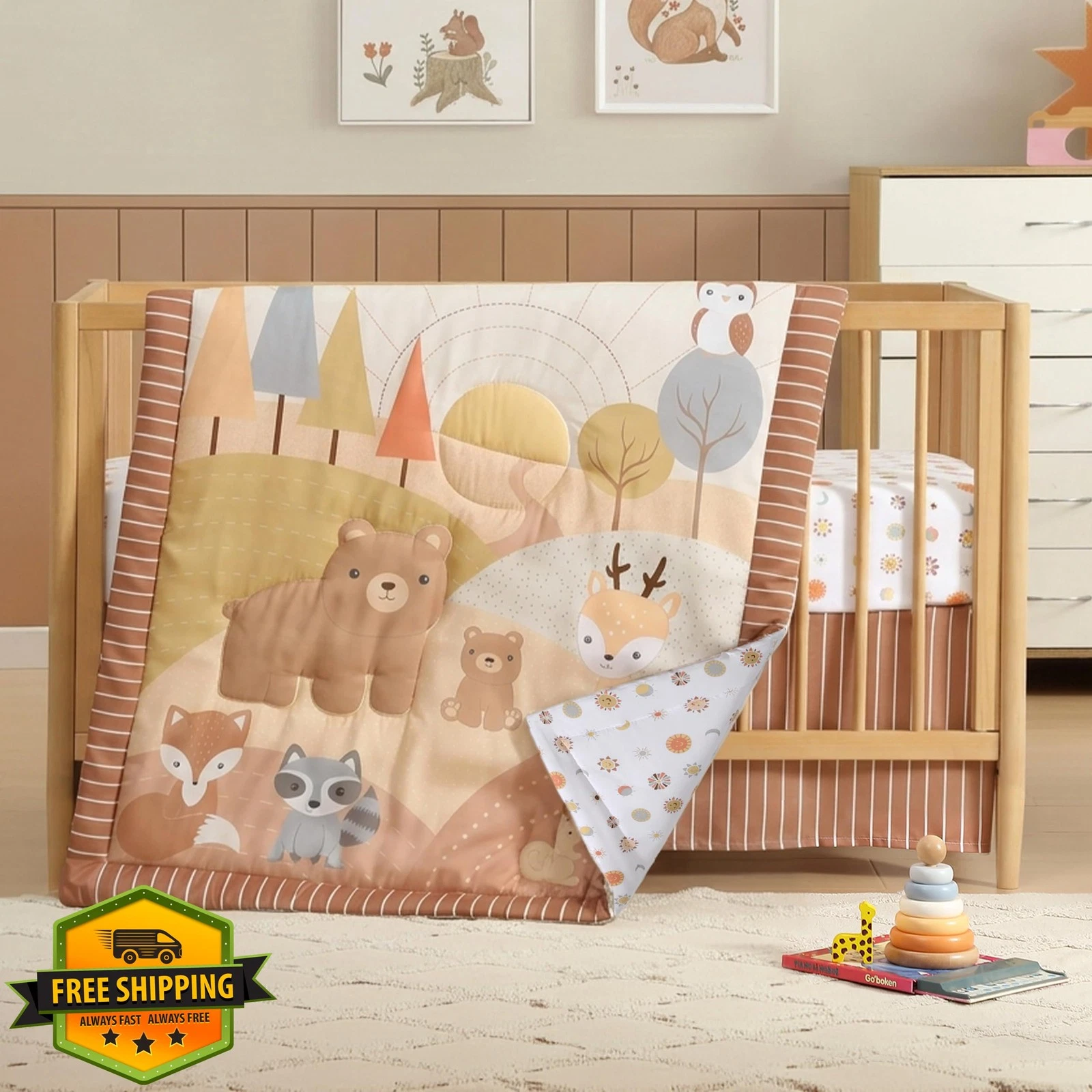 Hōmistry 3pc Crib Bedding Set Sunny Woodland Quilt Sheet Skirt