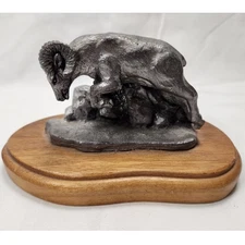 Michael Ricker Pewter Charging Bighorn Sheep Figural Statue on Wooden Base