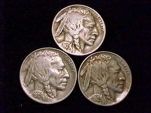 1929-P, 1929-D and 1929-S Fine Grade Buffalo Nickels, a (3) Three Coin Lot.