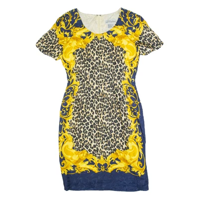 Robe Crayon Femme Vintage BLOOMINGDALES En Soie Bleue Imprimé Animal Années 90 M - Photo 1/4