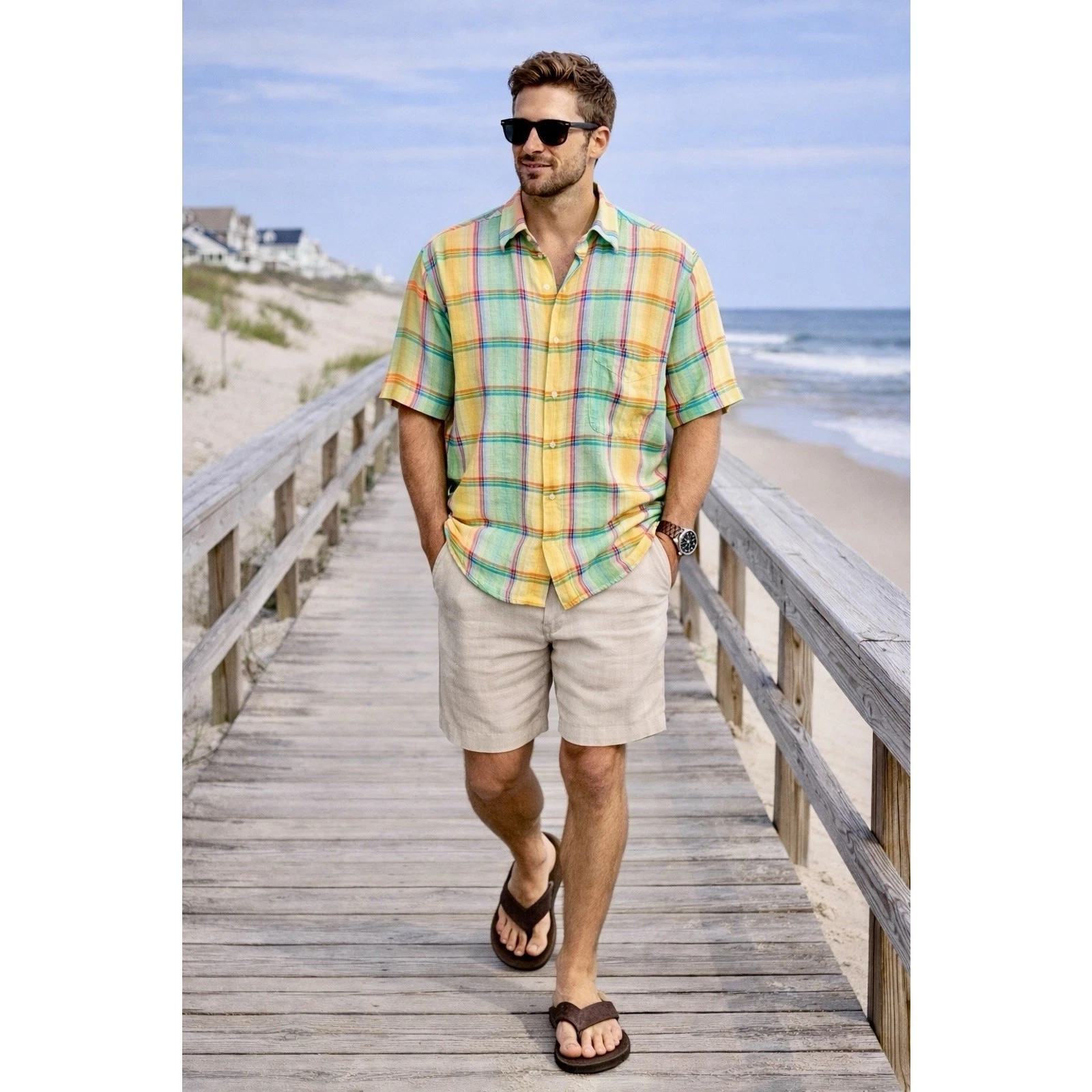 Alan Flusser 💯 Linen Pastel Plaid Shirt Men’s XL Lightweight Summer Resort Wear