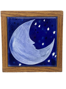 Art Tile Moon and Stars Oak Frame Blue 5.5” Square total Artist Signed Deckmann