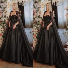 Black Gothic Wedding Dresses with Detachable Cape Lace Applique Bridal Gowns