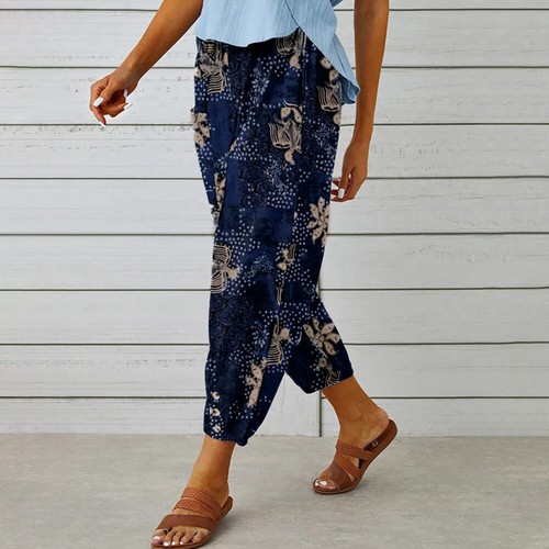 Damen Baumwolle Leinen Baggy Haremshose Damen Sommer Boho Blumen Cropped Hose - Bild 11 von 16
