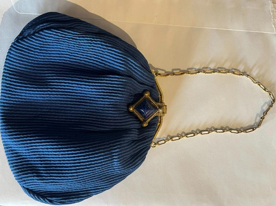 Antique Art Deco  clutch purse 1920s-40s, blue ribbed fabric - Image 3 of 3
