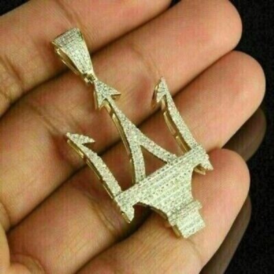 1.60Ct Round Cut Diamond Trident Men's Pendant 14k Yellow Gold Plated Silver