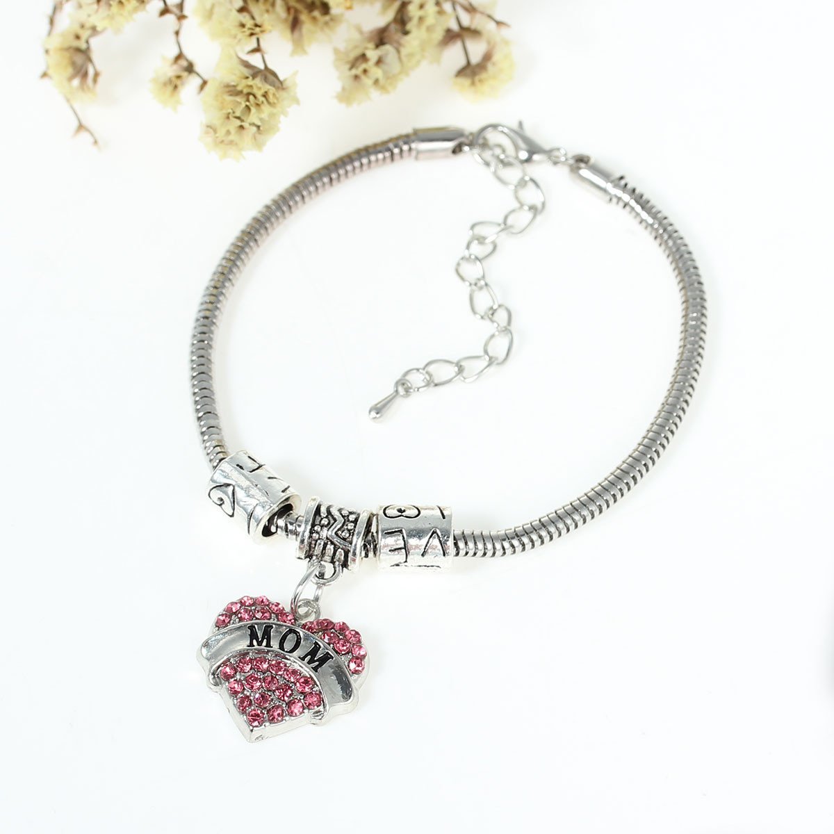"I Love You Mom" 3-Sided Charm Bead Spacer For Snake Chain Bracelets - Fits Pandora, Chamilia & More