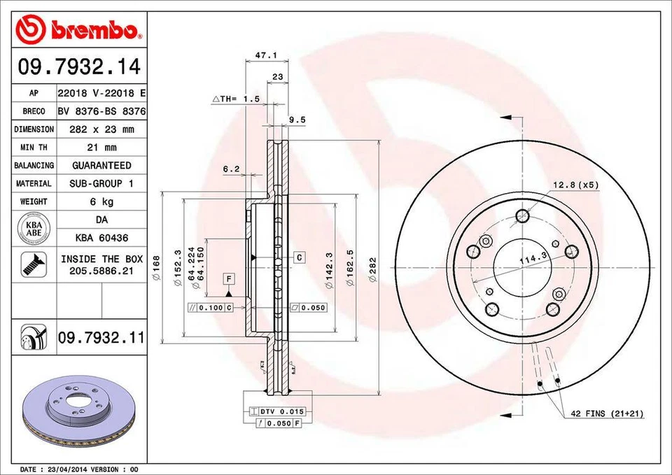 Rotor de freno de disco delantero Brembo 09.7932.11 282 mm para Honda Accord 1998-2017 Foto 2 de 3