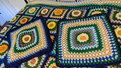 Granny Square Crochet Blanket 3D Multicolor Roses Bedspread 88x66''+2 pillow c.