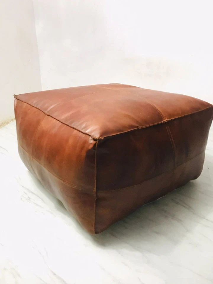 Leather Moroccan Footstool Boho Ottoman Claasic Genuine Pouffe Handmade - Image 2 of 4