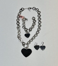 Stainless Steel Silver Necklace 20" Heart Pendant  2 Earrings  Bracelet 7.5"