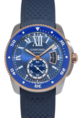 Cartier Calibre Diver Steel & 18k Rose Gold Bezel Blue 42mm Watch W2CA0008 3729