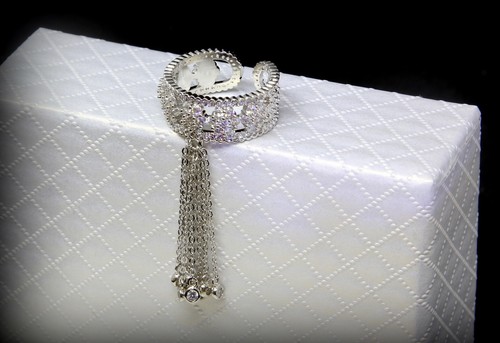 18k White Gold Plated Adjustable Tassel Band Ring made w Swarovski Crystal Stone - Picture 5 of 11
