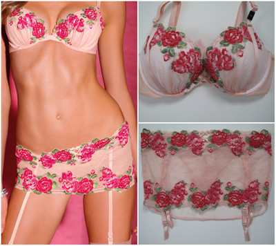 32D 34D 36DD or 38D Victoria's Secret Very Sexy Rose Embroidered Crystal Bra Set