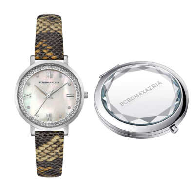 BCBGMAXAZRIA BG50665009 Snake Print  Leather Strap Watch & Compact Mirror Set