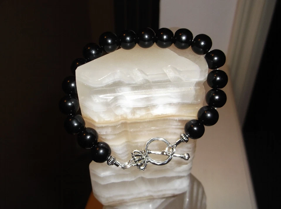 PULSERA HOMBRE HECHA A MANO 8 1/2" 10MM ÁGATA NEGRA ÓNIX CUENTAS Foto 2 de 4