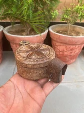  Antique Old Wooden Hand Craved Iron Lock Round Tika Box With Brass Work 