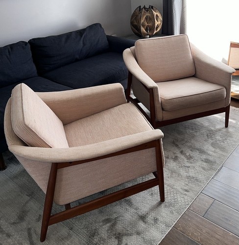 Pair of DUX by Folke Ohlsson "Scania" Danish Teak Lounge Arm Chairs 50s 60s MCM
