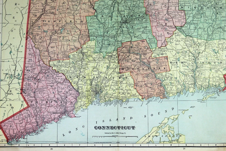 Mapa del estado de Connecticut litografía en color 22,5 x 14,5 de Crams Atlas Foto 2 de 4