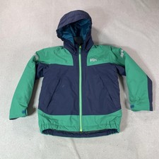 Helly Hansen Puffer Jacket Youth 8 Blue Colorblock Hooded Ski Coat Primaloft