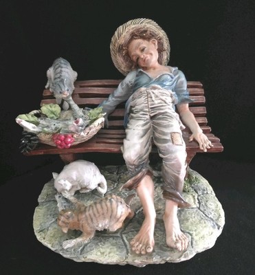 Vtg Capodimonte Bruno Merli Tramp On A Bench w/cats & Fish Figurine Hand Painted
