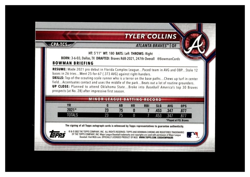 2022 Bowman Chrome Prospects Autograph Orange Refractor Tyler Collins RC /25 - Image 2 of 2