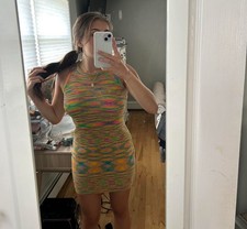 Multicolor Knit Sleeveless Mini Bodycon Dress Geometric Pattern 65% Cotton