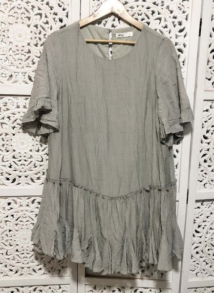 Ally Womans Size 14 Ruffle Tiered Mini Dress Grey/beige Soft Feminine Lined