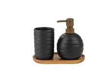 Bathroom Counter Set-Elegant Acacia Wood Tray - Black Toothbrush Holder Set w...