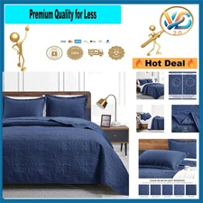 Navy Blue Quilt Set for Queen Bed 3 Pieces Modern Coin Pattern Lightweight Co...