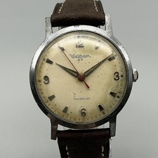 Vintage Waltham Mens Watch 34mm Silver Tone 23 Jewels Leather Manual Wind