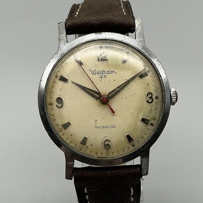 Vintage Waltham Mens Watch 34mm Silver Tone 23 Jewels Leather