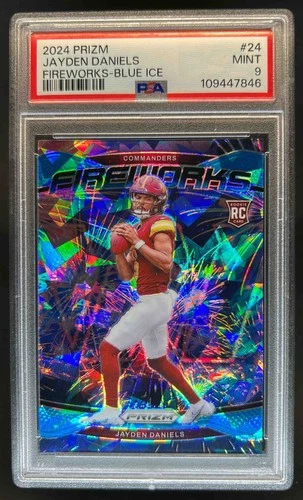 2024 Prizm Jayden Daniels Fireworks RC Blue Ice #/99 Commanders PSA 9